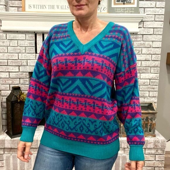 Vintage Sweater 80s‎ Knit Geometric Oversized Sweater med. - Picture 1 of 5